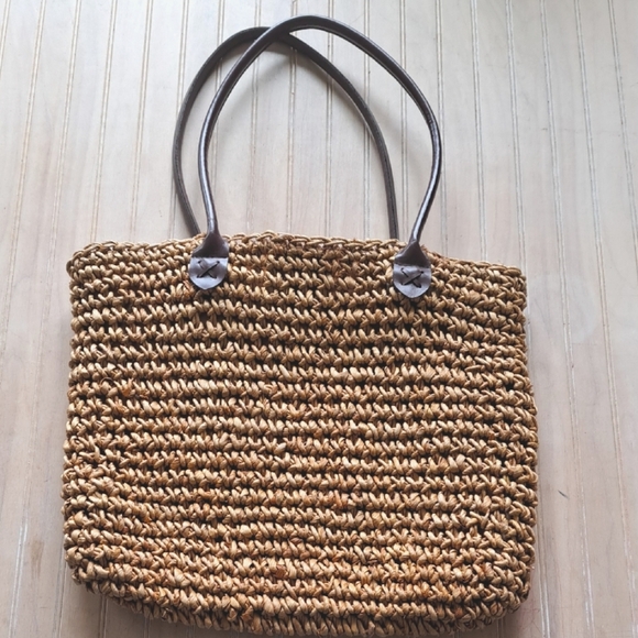 Woven Straw Tote Bag Boho Chic Beach Summer Market Purse Brown Handles - Picture 1 of 10